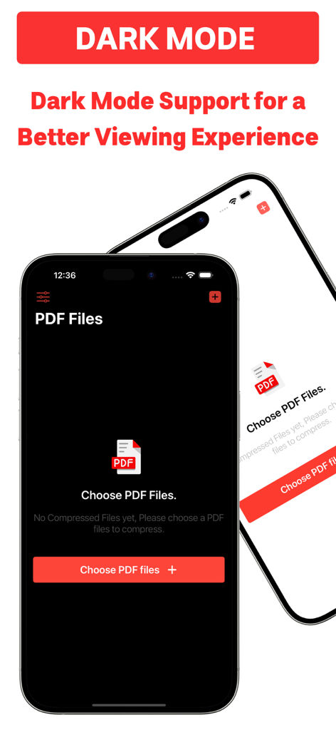 ダークモードをサポートするCompress PDFアプリのiPhoneインターフェース。