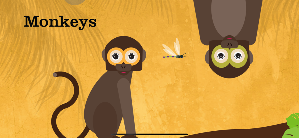 Ilustraciones peculiares de dos monos y una libélula en la aplicación para niños pequeños Peek-a-Zoo.
