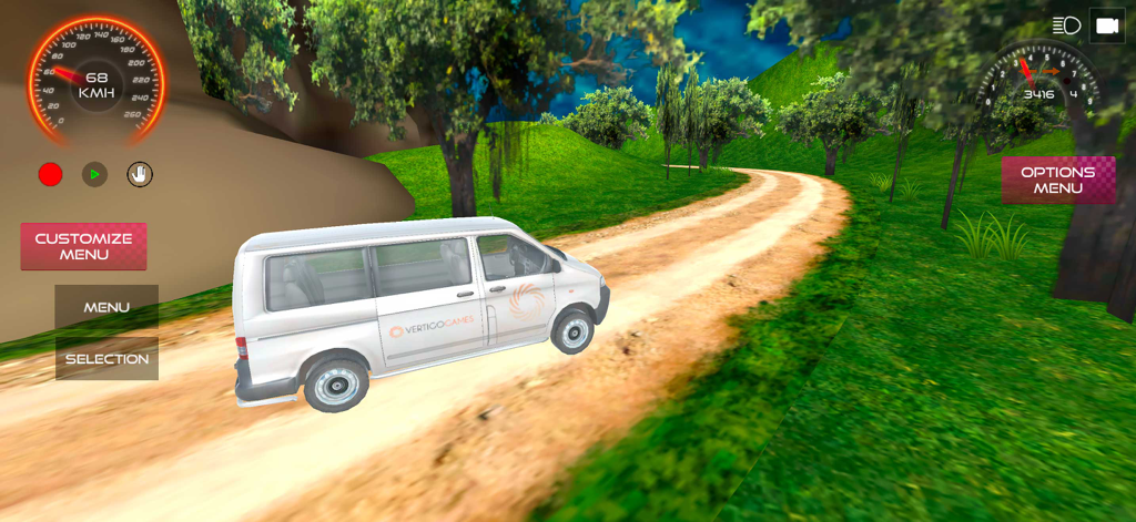 Extreme Car Driving 2 - Una furgoneta blanca conduciendo por un camino de tierra en un paisaje verde y montañoso en el juego Extreme Car Driving 2