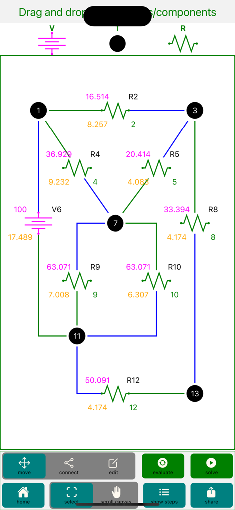 Un complesso diagramma di circuito elettrico con resistori e valori di tensione nell'app Circuit-Design