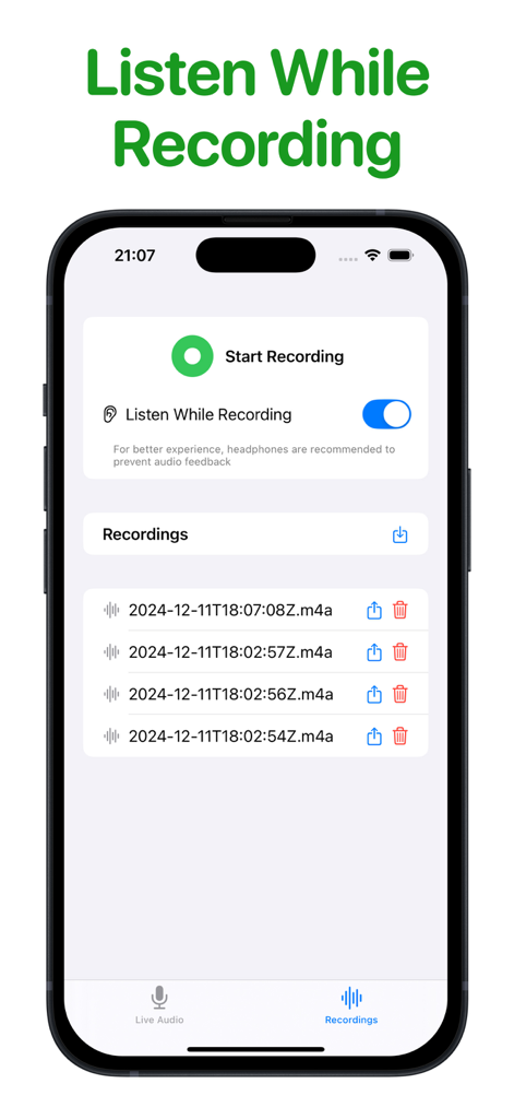 Mic to Speaker - Microphone - The recordings tab of the Mic to Speaker app showing a list of saved audio files and a toggle for live monitoring while recording.