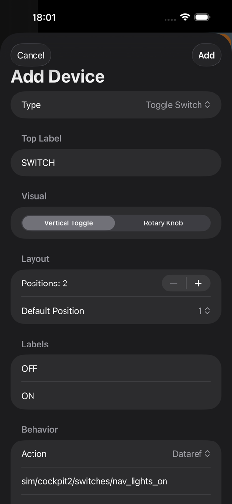 La pantalla Añadir dispositivo en la aplicación XPPanels mostrando opciones de configuración para un interruptor de palanca, incluyendo estilo visual, etiquetas de diseño y comportamiento de dataref para los controles del simulador de vuelo
