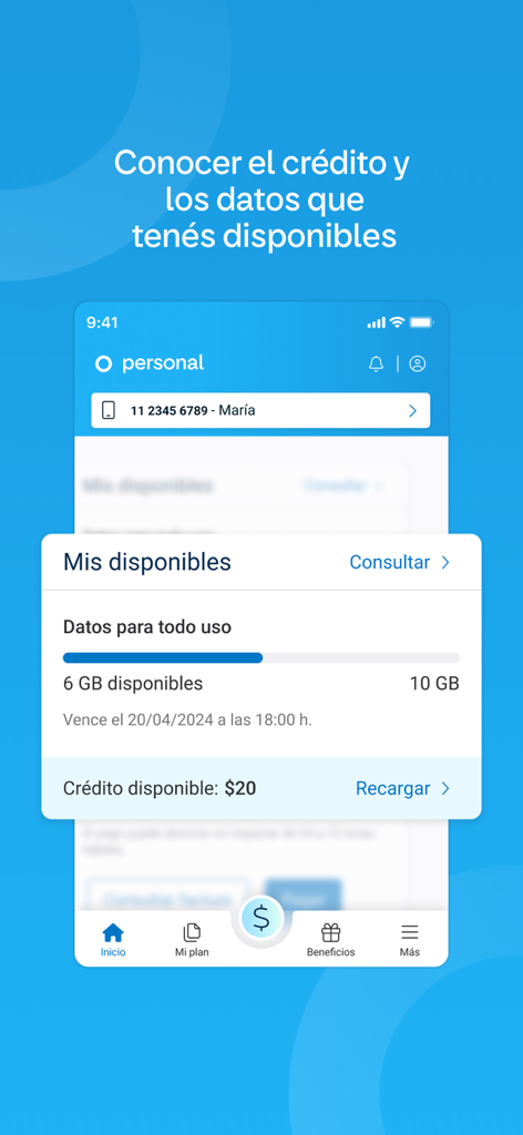 Mi Personal - Interface de l'application Mi Personal affichant les données mobiles disponibles et le crédit du compte