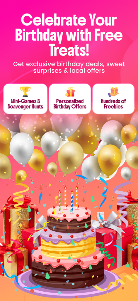 Birthday Hunter: BDay Freebies - Promotional screen for Birthday Hunter app showing a birthday cake surrounded by gifts and balloons with text about free treats and mini games.