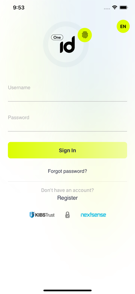 OneID - Login interface for OneID digital identity app showing username and password fields