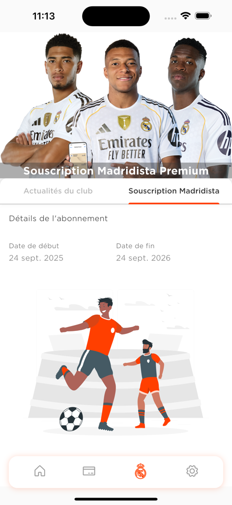 Madridista Premium subscription interface in Galactique CI app featuring Real Madrid players