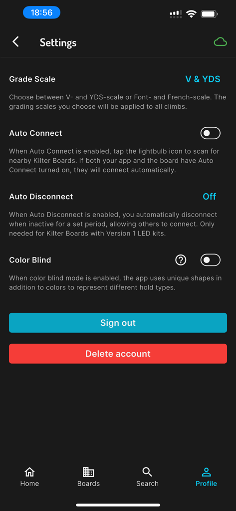 Kilter Board Climbing Wall App - Pantalla de configuración de la app Kilter Board mostrando opciones para escala de grados, autoconexión y modo daltónico.