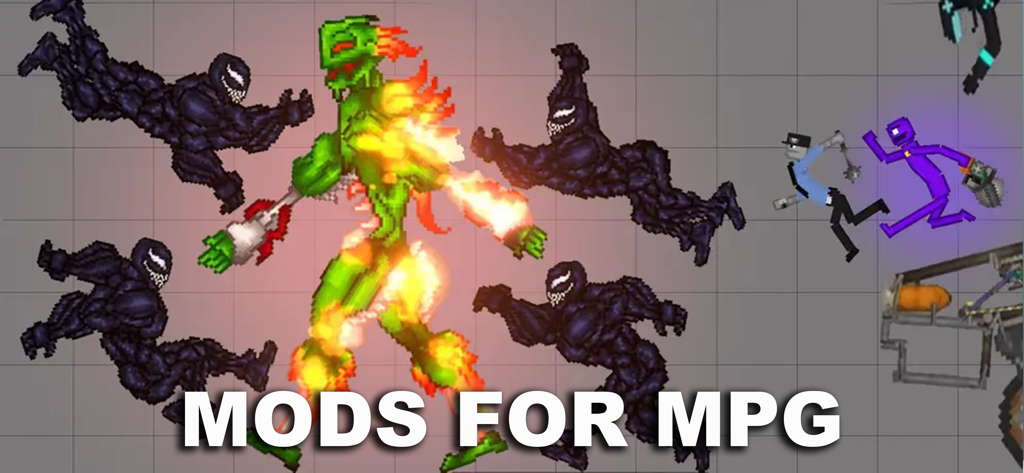 Pixel art battle scene in Melon Playground featuring custom character mods