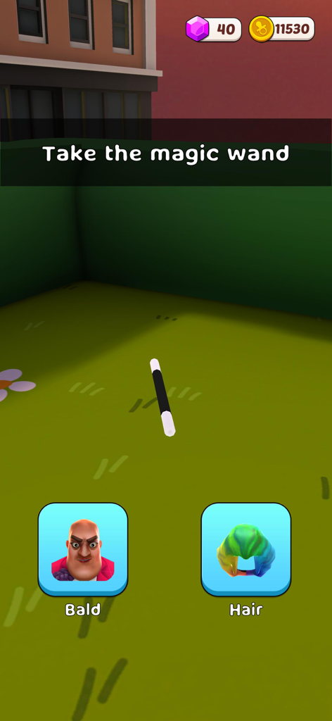 Scary Little Prankster - Una pantalla de elección de bromas en el juego Scary Little Prankster con una varita mágica y opciones de calvo o pelo