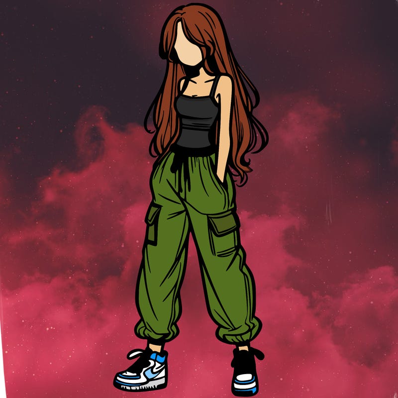 girl in baggy pants crop top and long hair