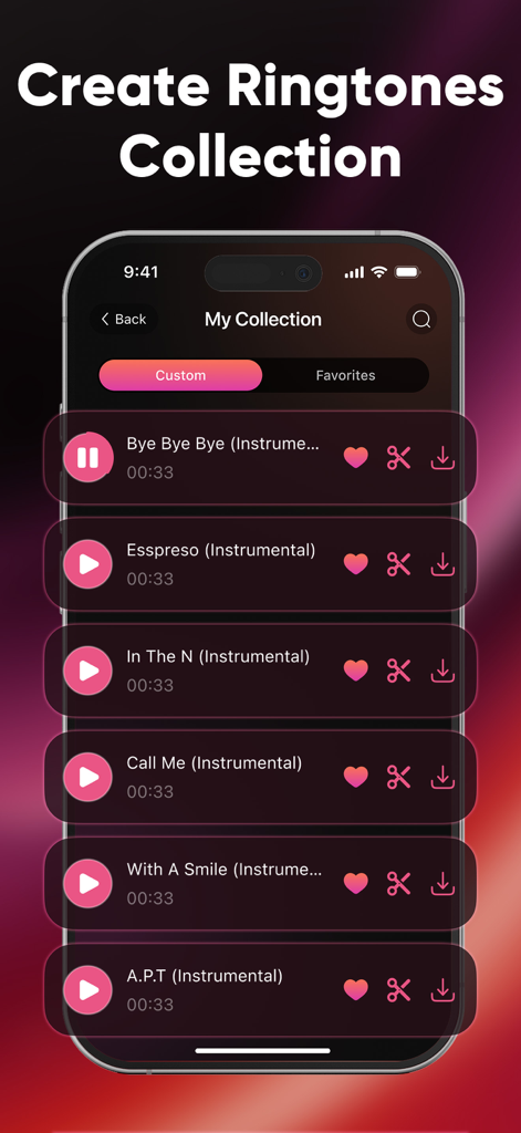 Ringtones Maker & Wallpapers - Interface showing a collection of custom instrumental ringtones with play and edit options