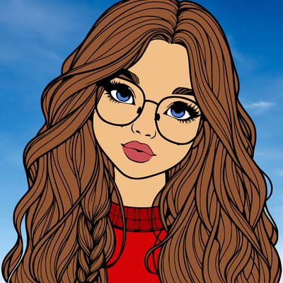 girl with long hair and freckles and glasses realistic