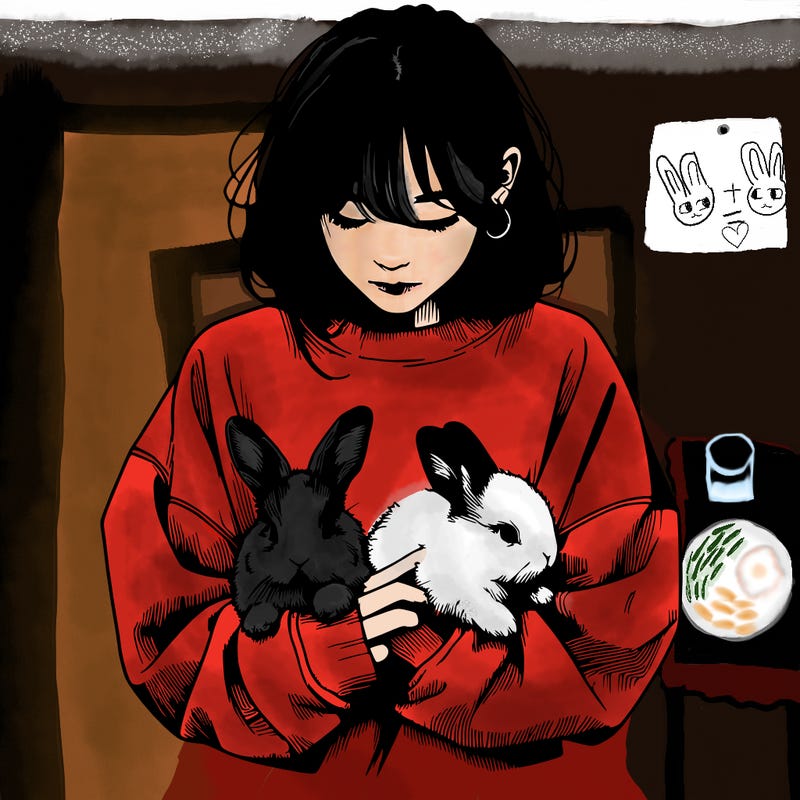 realistic girl with messy bunny baggy sweatshirt and holding bunnies