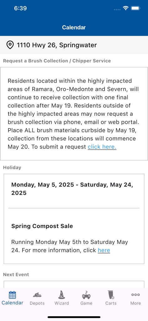 Interface of Simcoe County Collects app showing the waste collection calendar and spring compost sale information