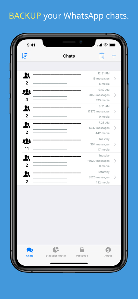 Chat Keeper - Chat Keeper app interface on an iPhone showing a list of backed up WhatsApp chats with message and media counts