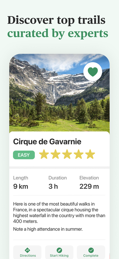 Hika - Hiking trails and maps - Interface de l'application mobile Hika montrant les détails du sentier de randonnée du Cirque de Gavarnie en France.