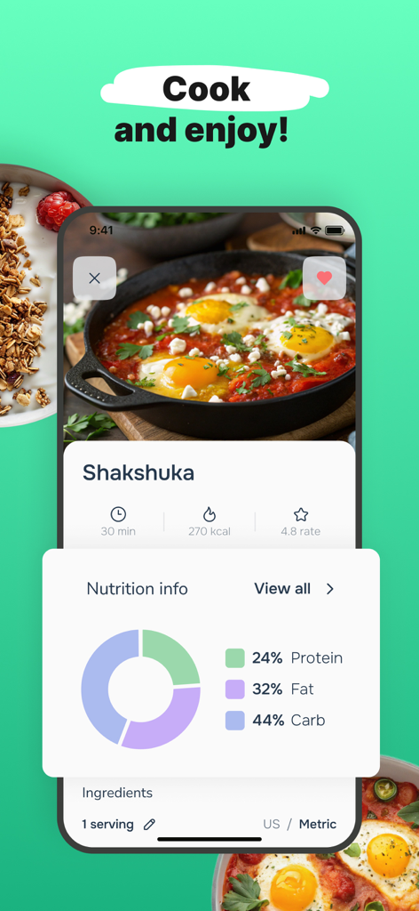 Eatr: Tasty Cooking Recipes - Um pop-up detalhado de informações nutricionais no aplicativo Eatr mostrando análises de macros para uma receita de shakshuka