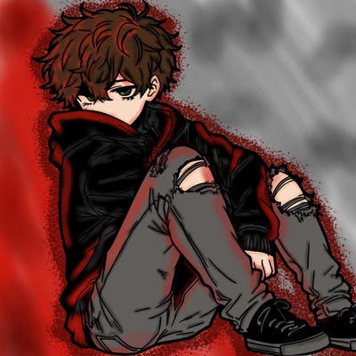 a male hoddie ripped jeans messy hair anime