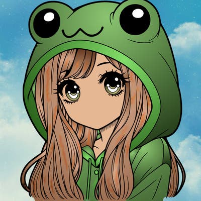 a pretty girl wearing a frog hoodie portrait with long hair
