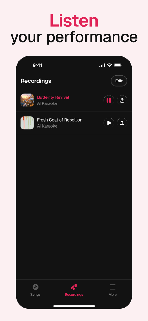 AI Karaoke: Sing & Record - Una interfaz de aplicación móvil que muestra una lista de actuaciones de karaoke grabadas con opciones de reproducción y exportación.