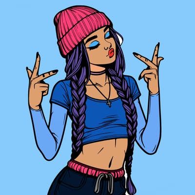 realistic teenage girl with braids and a beanie and crop top doing 🫶🏼