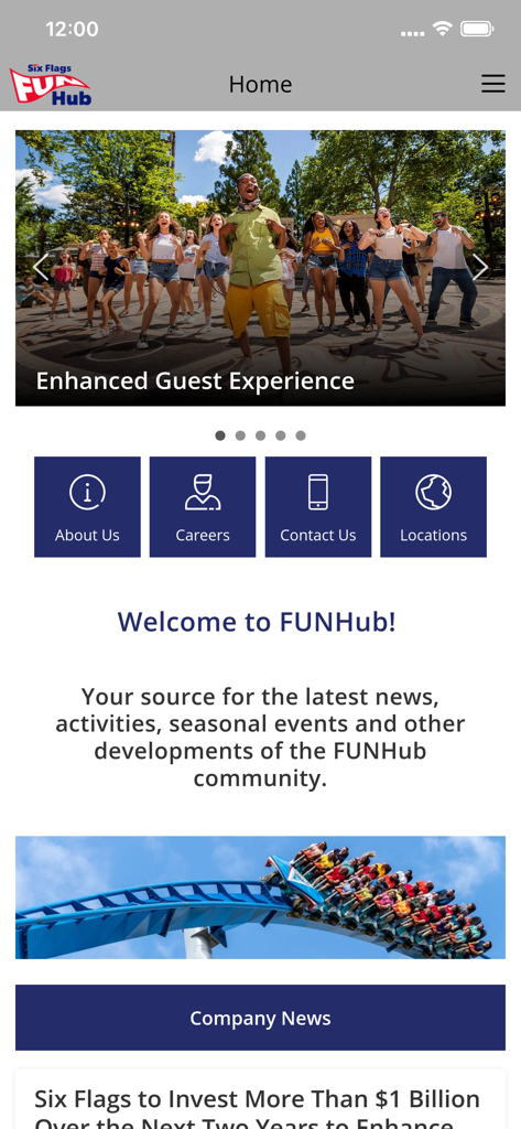The FUNHub - The FUNHub app home screen showing sections for careers company news and park guest experiences