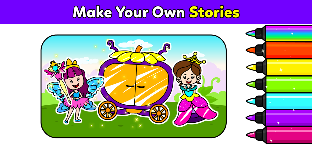My Unicorn Coloring Club Games - Una página para colorear digital con un hada, un carruaje de calabaza y una princesa con rotuladores de colores