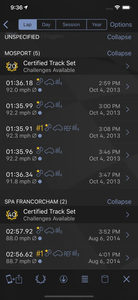 A detailed list of recorded lap times and speeds for Mosport and Spa Francorchamps tracks in the Harry's LapTimer app.