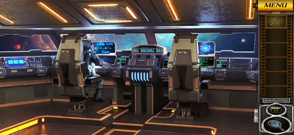 Escape Room:Adventure Traveler - Cockpit de nave espacial de ficção científica com planetas visíveis através da janela em um jogo de quebra-cabeças