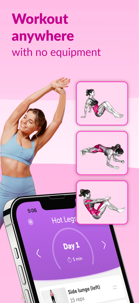 A woman stretching and exercise illustrations showing a home workout routine on the FitHer app