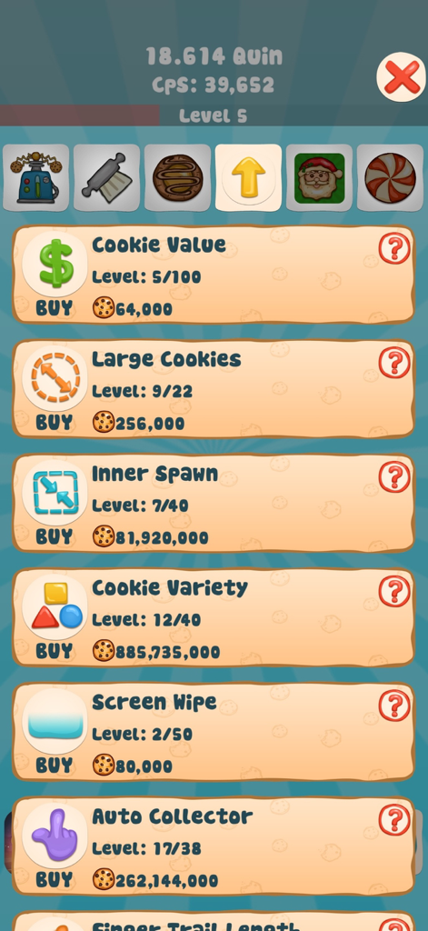 Cookie Clicker! - Idle Game - クッキークリッカーのゲームメニュー、クッキーバリューやオートコレクターなどの様々なアップグレードが表示されている