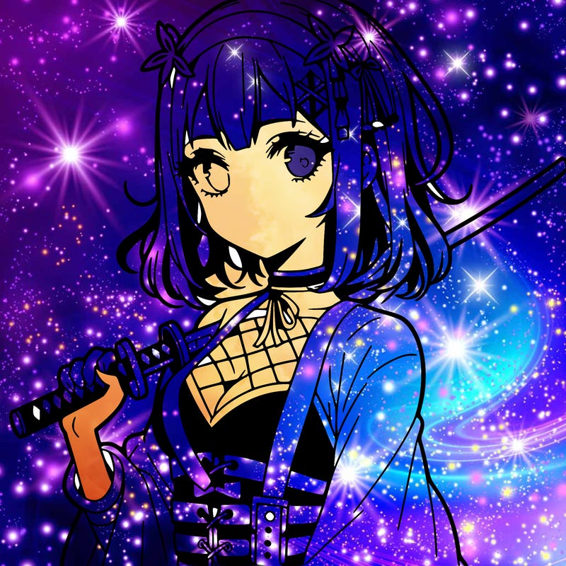 pretty manga girl with face and holding a sword in a cool pose baddie