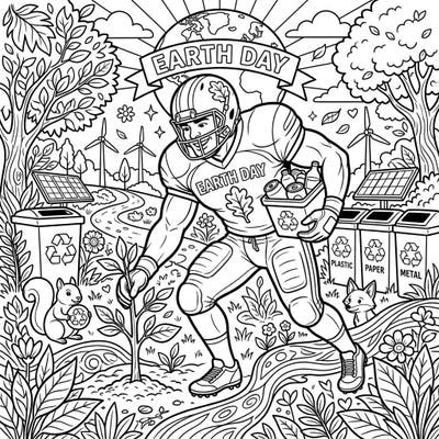 Get ready to color an inspiring scene where a powerful linebacker champions environmental protection. This unique design beautifully combines sports action with the vital message of Earth Day.
