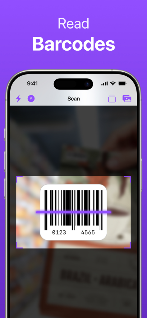 Scan QR Code & Read Barcode - Pantalla de iPhone mostrando un código de barras siendo escaneado con la aplicación