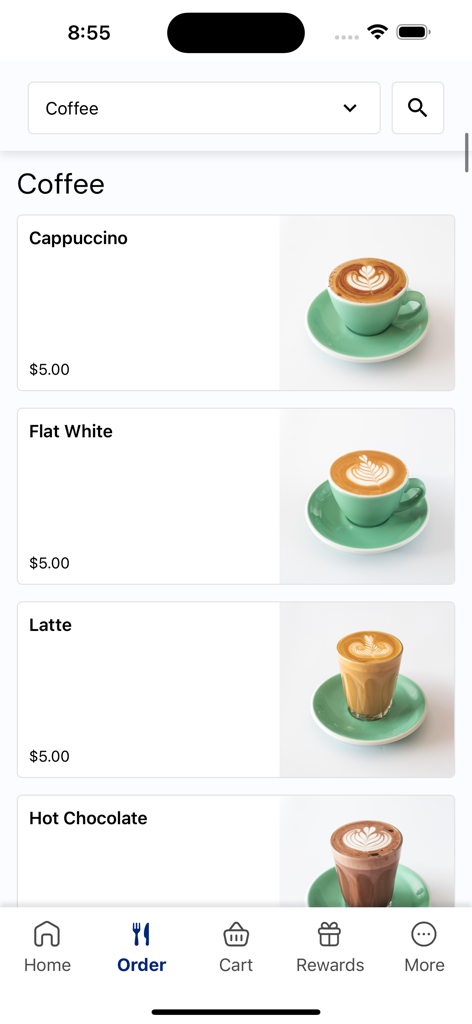 City Campus Food - Aplicación móvil City Campus Food que muestra opciones del menú de café como Cappuccino y Flat White con precios