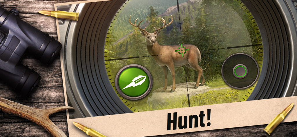 Hunting Clash: Sniper Game - Vue à travers la lunette d'un sniper d'un grand cerf dans un décor forestier de Hunting Clash.