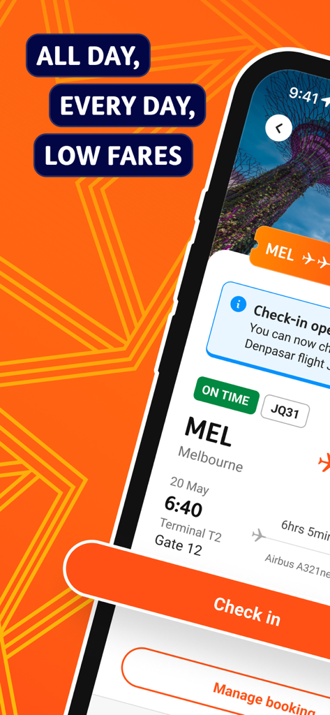 Jetstar - Jetstar mobile app interface showing flight status and a check-in button