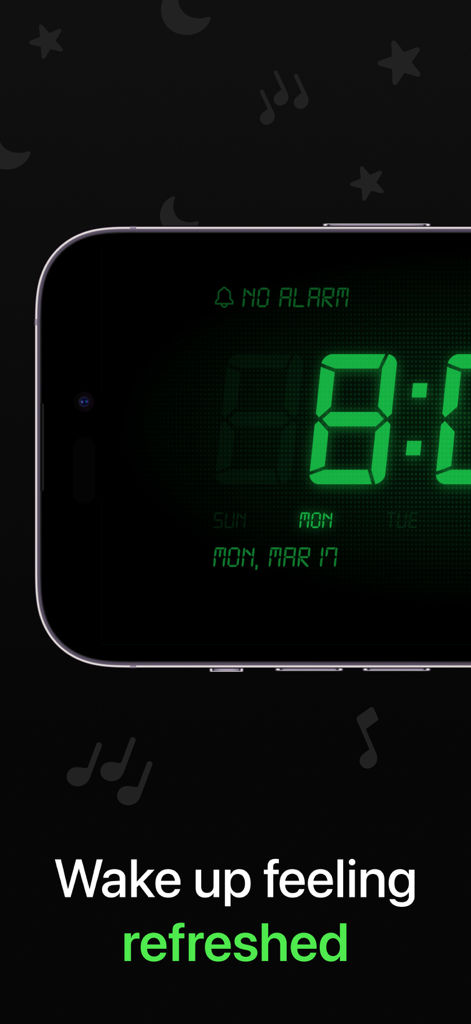 A smartphone showing the Alarm Clock HD app with a large green digital clock on a nightstand display interface