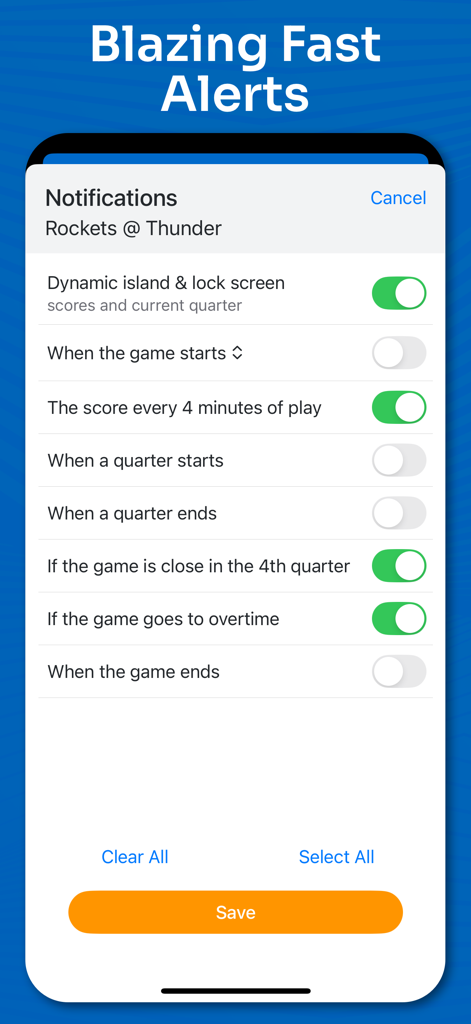 Superfan Sports Pro Basketball - Custom NBA game notification settings and alerts in the Superfan Sports Pro Basketball app interface.