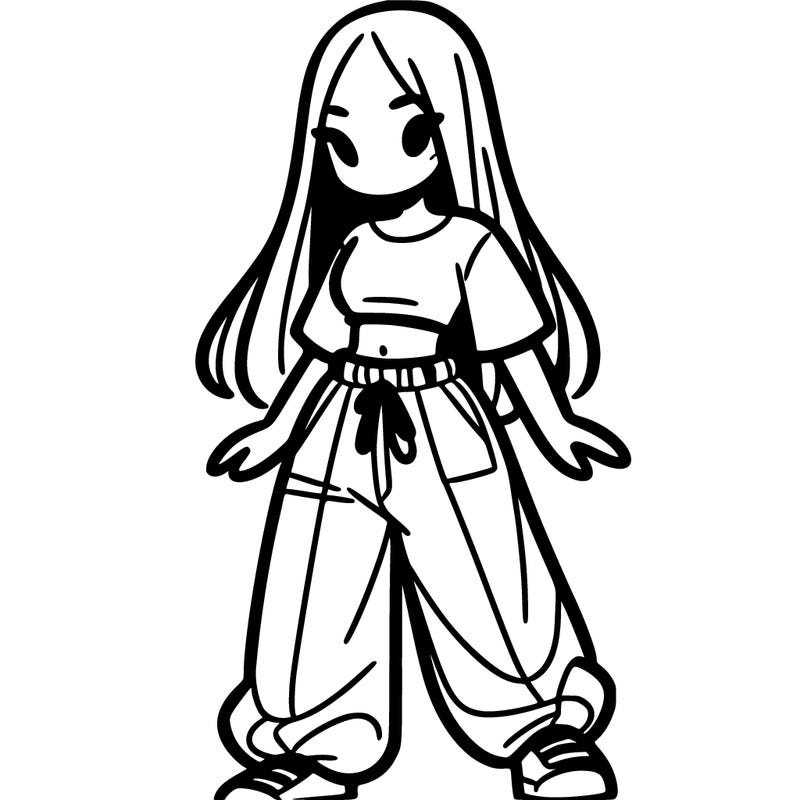 girl in baggy pants crop top and long hair