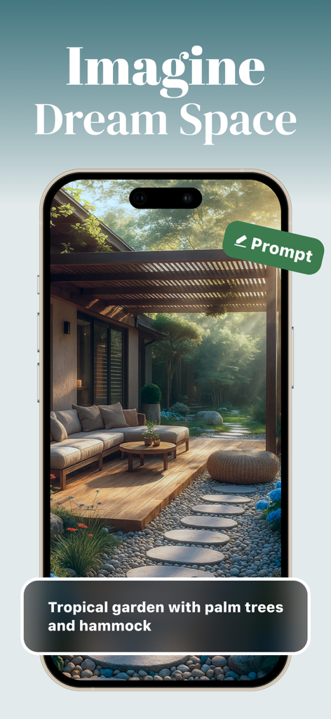 AI Garden Design: Makeover - App di paesaggistica IA che visualizza un design di patio tropicale con un ponte di legno e una pergola