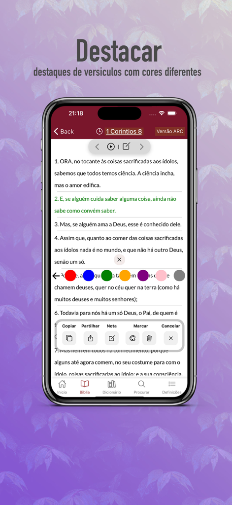 Screenshot of the Portuguese Bible app displaying how to highlight verses using various colors