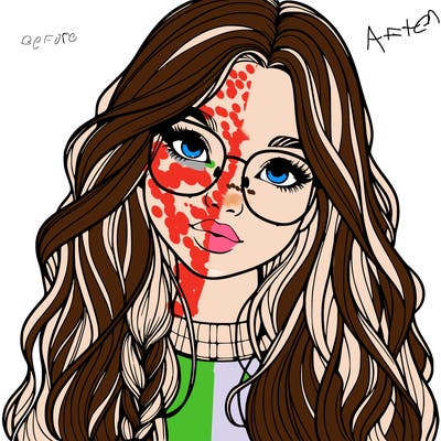 girl with long hair and freckles and glasses realistic