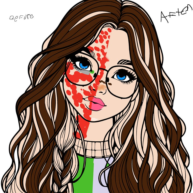 girl with long hair and freckles and glasses realistic
