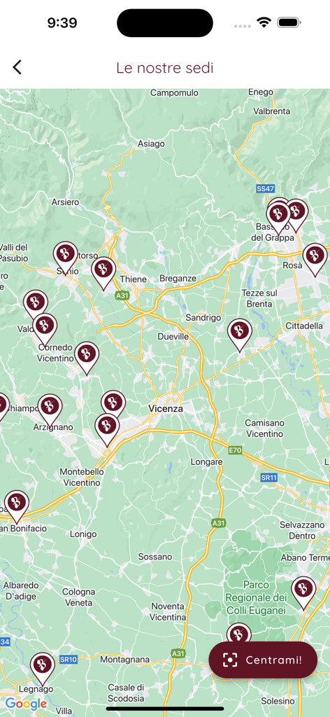 Interfaccia mappa che mostra le sedi di Butterfly Laboratorio Analisi a Vicenza, Italia