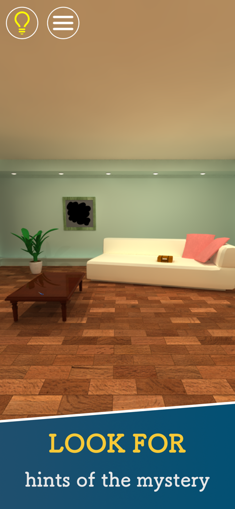 Escape Rooms: Room Escape - 白いソファとコーヒーテーブルのある、ミニマルな3Dのリビングルームのシーン。脱出ゲーム「Escape Rooms」