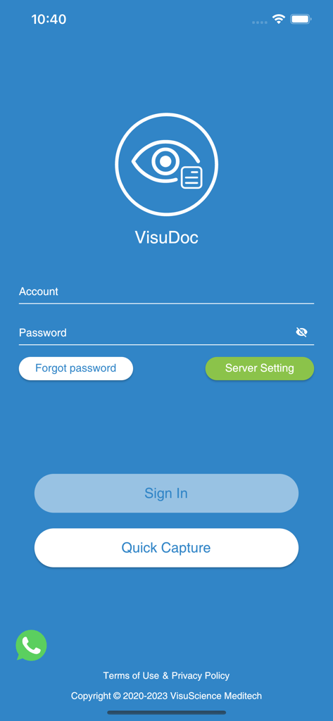 VisuDoc - Login screen of the VisuDoc app for ophthalmic case management showing sign in and quick capture buttons.