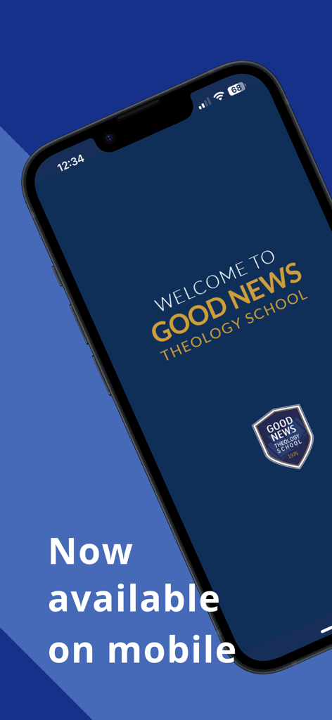 Tela de boas-vindas do aplicativo móvel da Good News Theology School com o brasão da escola e a missão