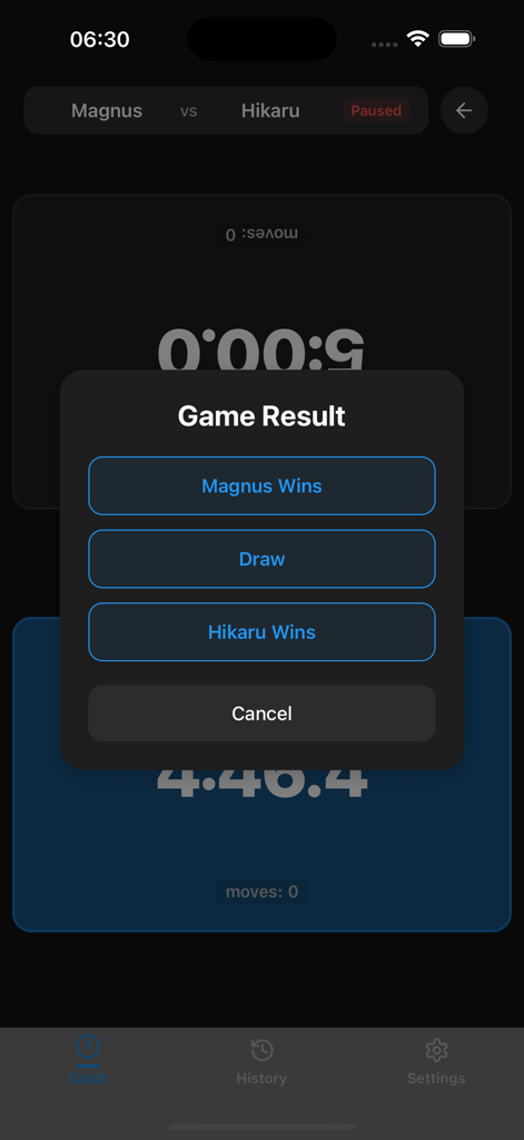 Grandmaster Chess Clock - Game result selection menu on the Grandmaster Chess Clock app