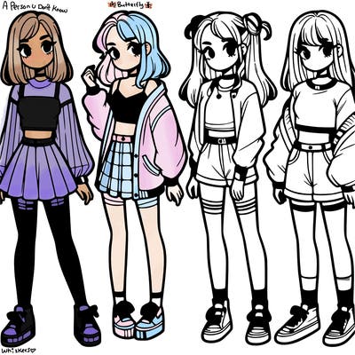 one girl with crop-top shirt and a jacket with a skirt, long socks and another girl with a shirt and pants with a jacket